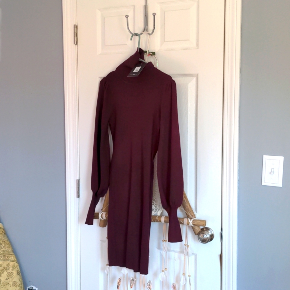 High neckline red wine color dress